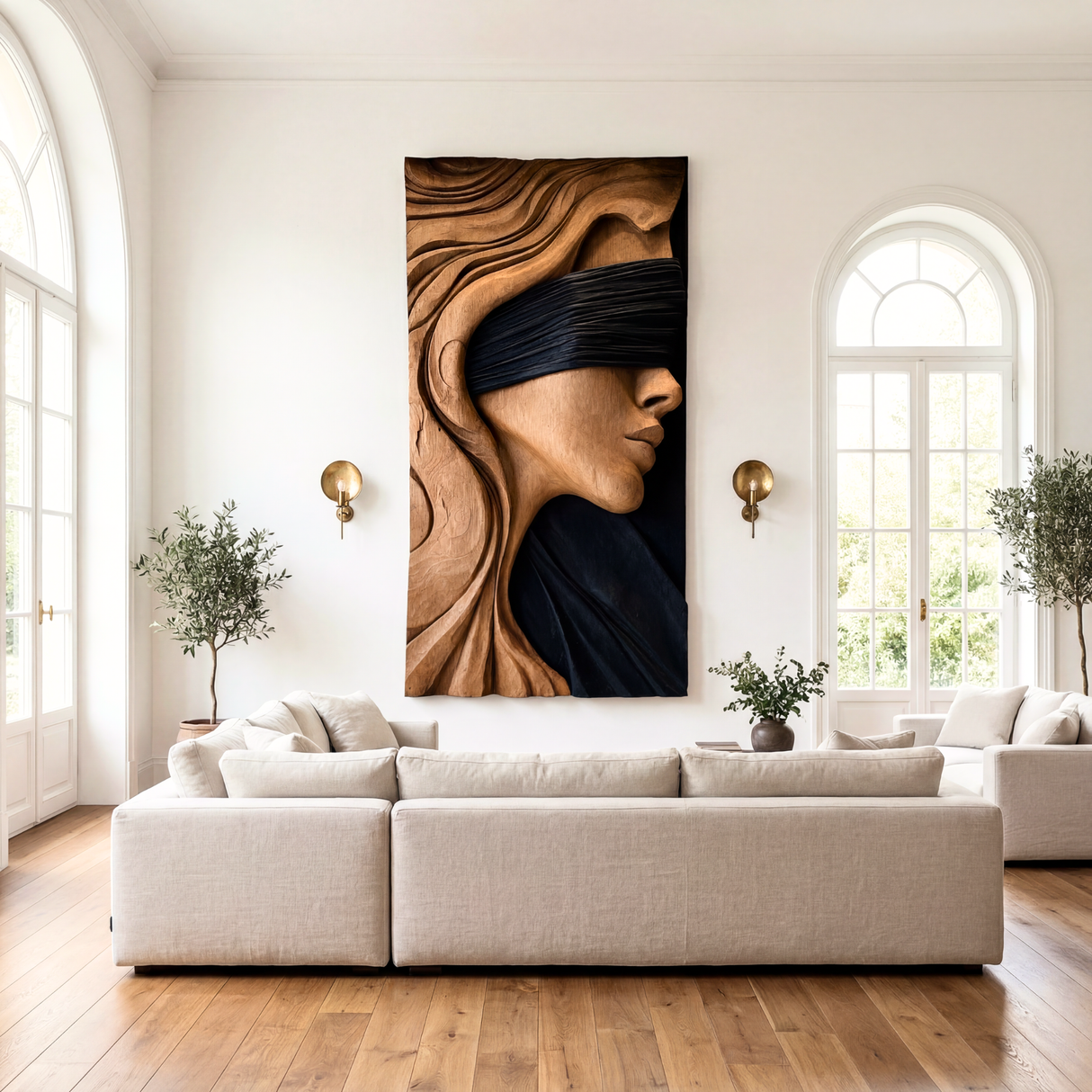 Handmade Blindfold Woman Wooden Wall Sculpture Panel