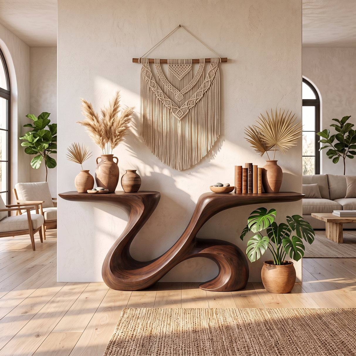 Console Table Solid Wood with Sculptural Double Wing Base for Entryway Decor
