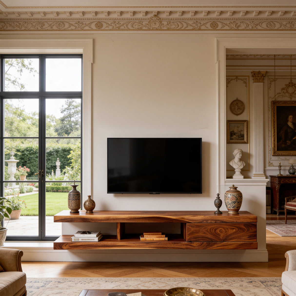 Floating Live Edge Wood TV Console with Drawer