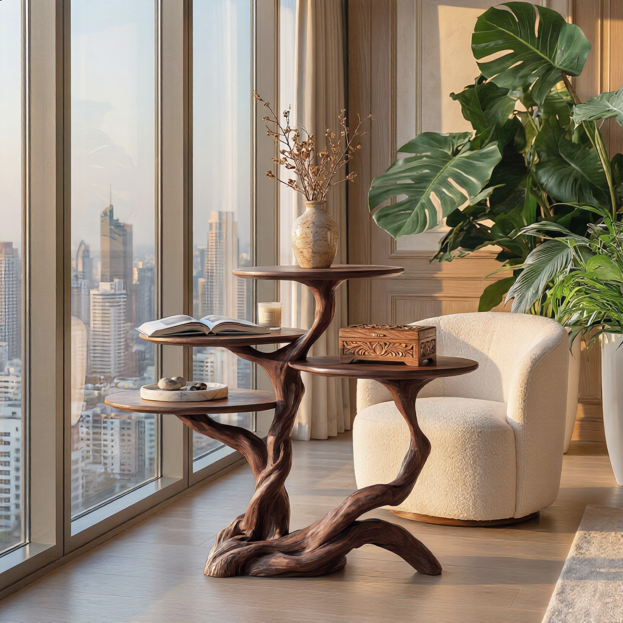 Bonsai Branch Four Tier Wood Display Table with Sculpted Organic Base