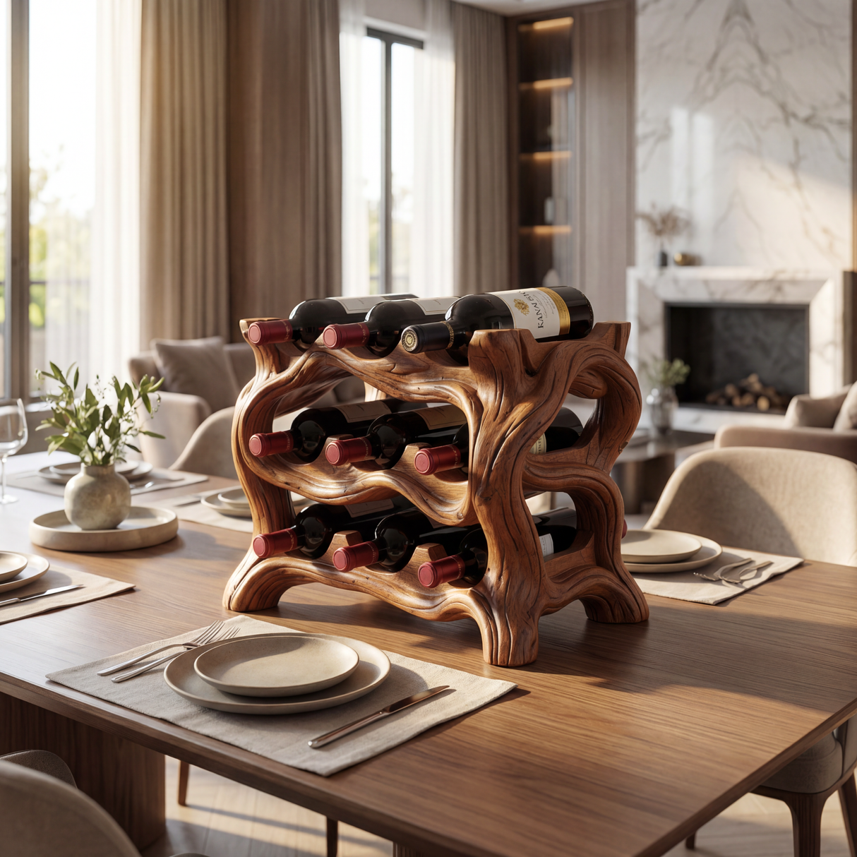 Organic Wave Solid Wood Wine Rack Sculptural Multi Tier Bottle Holder for Dining Table Display