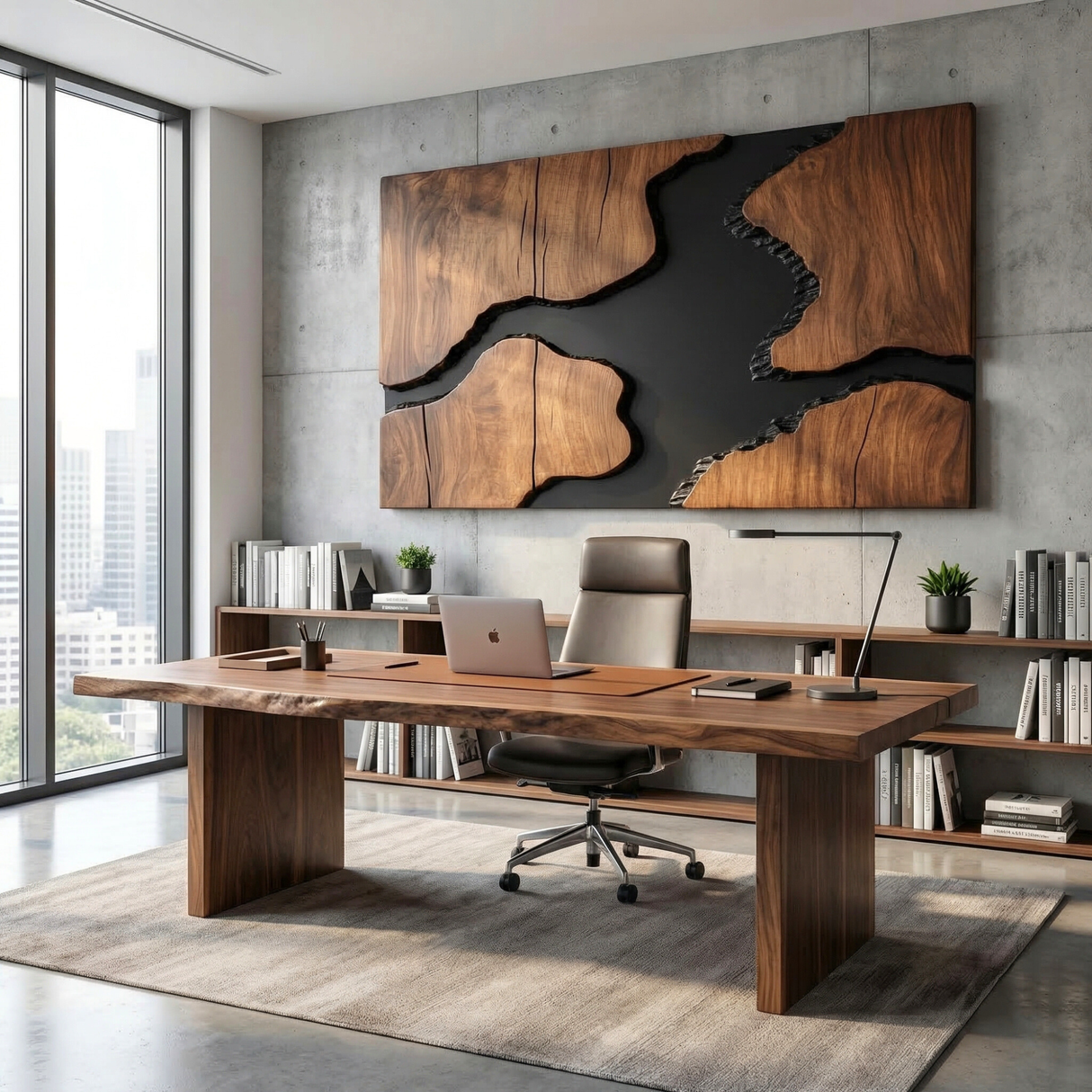 Sculptural Wood Wall Art Panel with Black River Form
