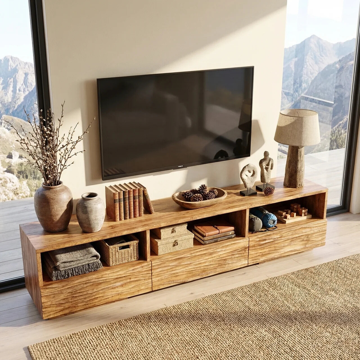 Sculptural Wood TV Cabinet with Carved Wave Front for Coastal Modern Interiors