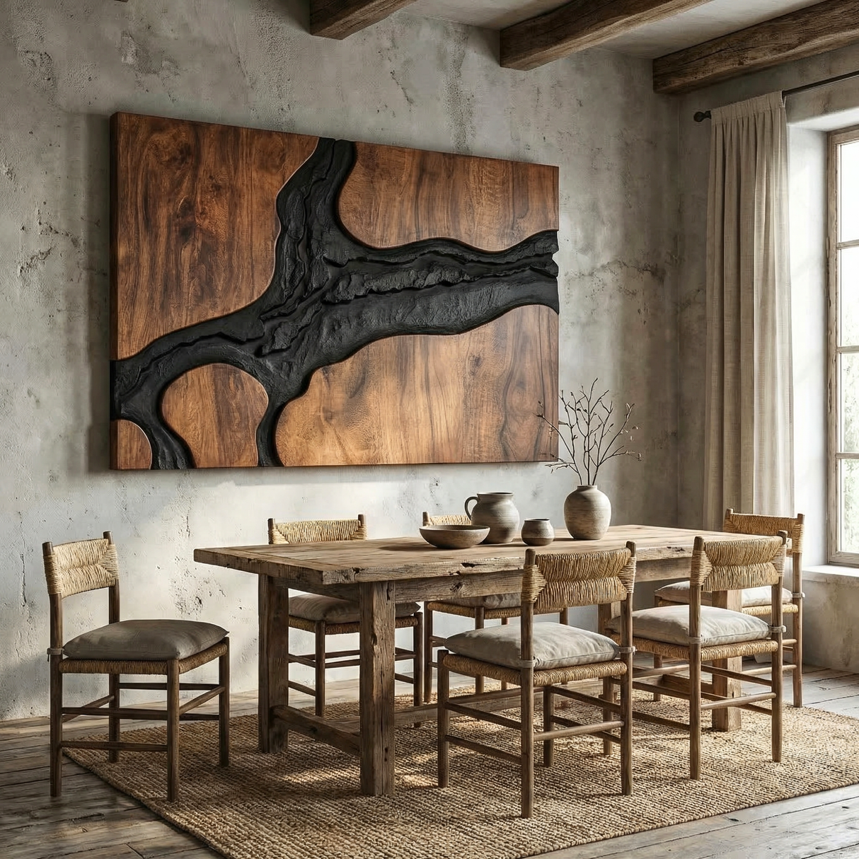 Abstract Wood Wall Art Panel with Black Organic Inlay, Large Sculptural Wall Decor