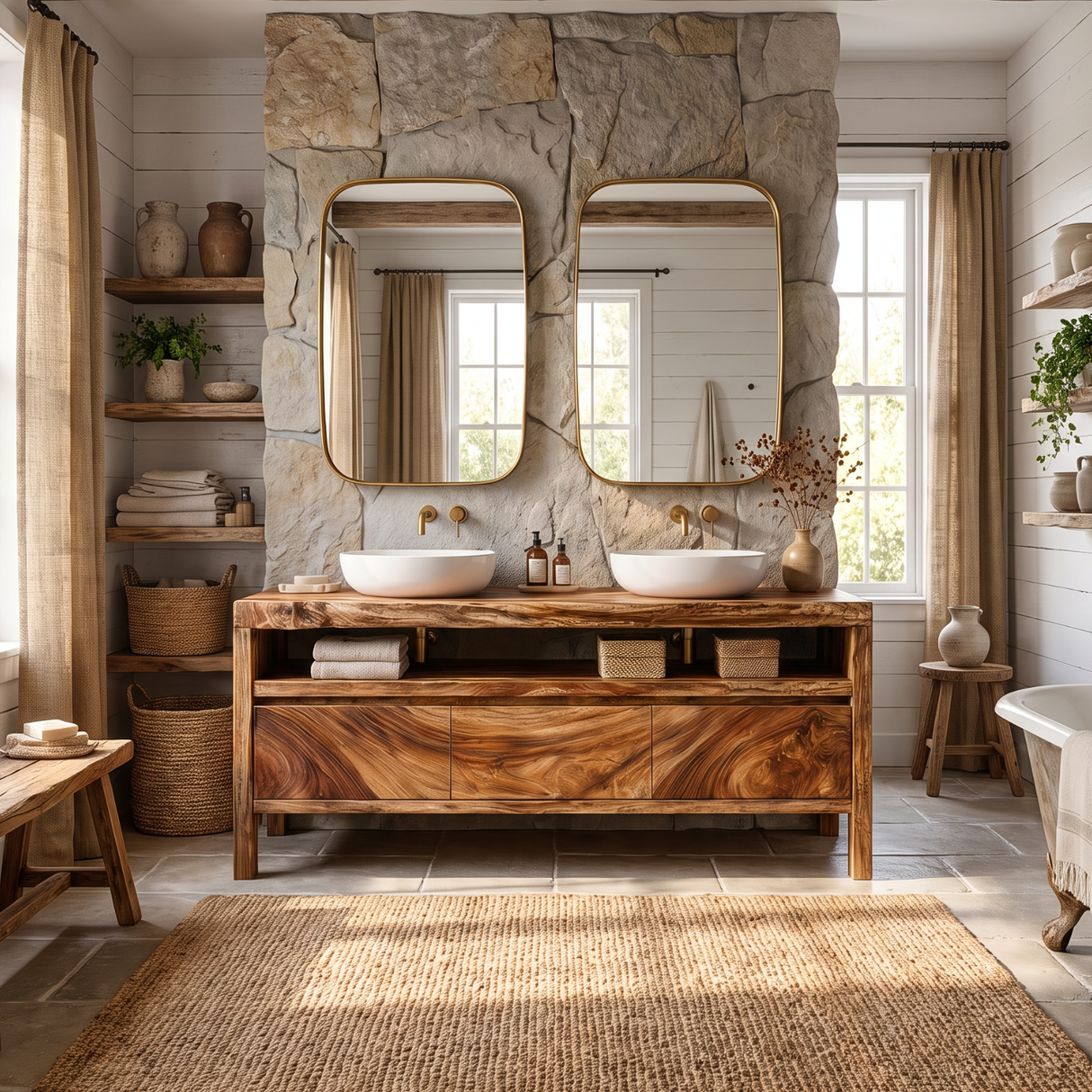 Bathroom Vanity Solid Wood with Double Sink and Open Shelf Storage for Lodge Bathroom