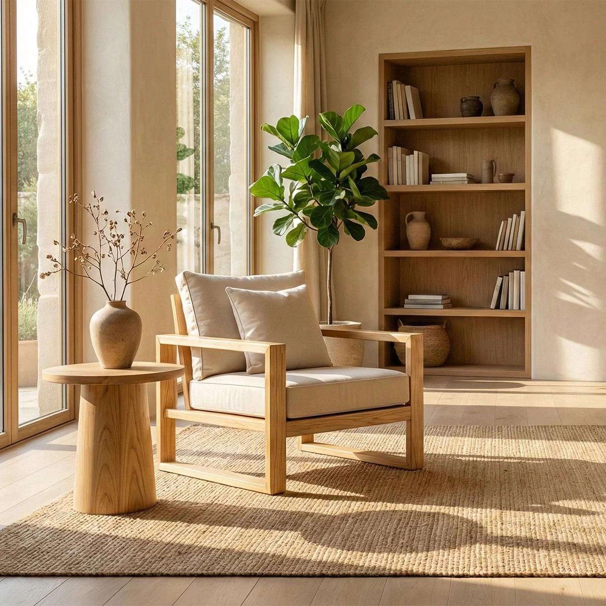Solid Wood Lounge Chair with Cushion Handmade Wooden Armchair