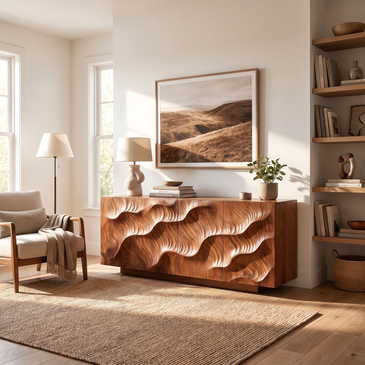 Sideboard Solid Wood with Sculptural Layered Dune Carved Doors for Living Room