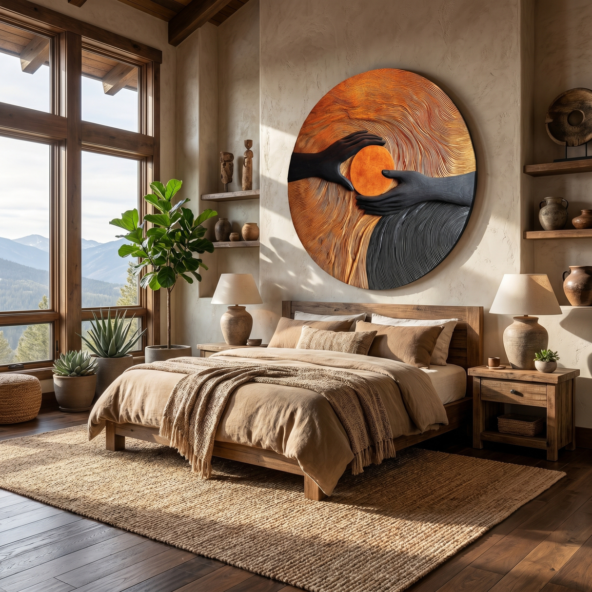 Solid Wood Wall Art with Hand Embrace Relief and Radiant Circle Center