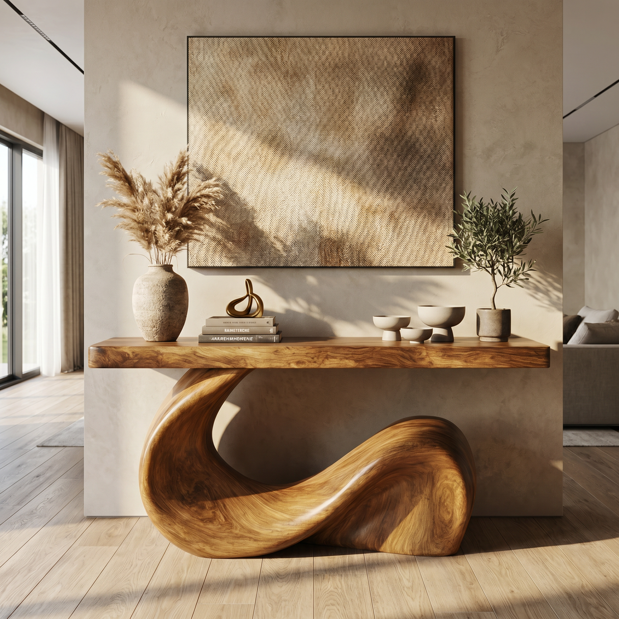 Console Table Solid Wood with Sculptural Wave Base for Entryway Decor
