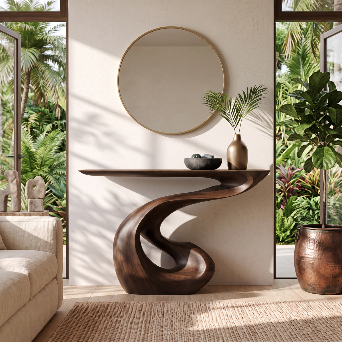 Organic Solid Wood Console Table with Sculptural S-Curve Base