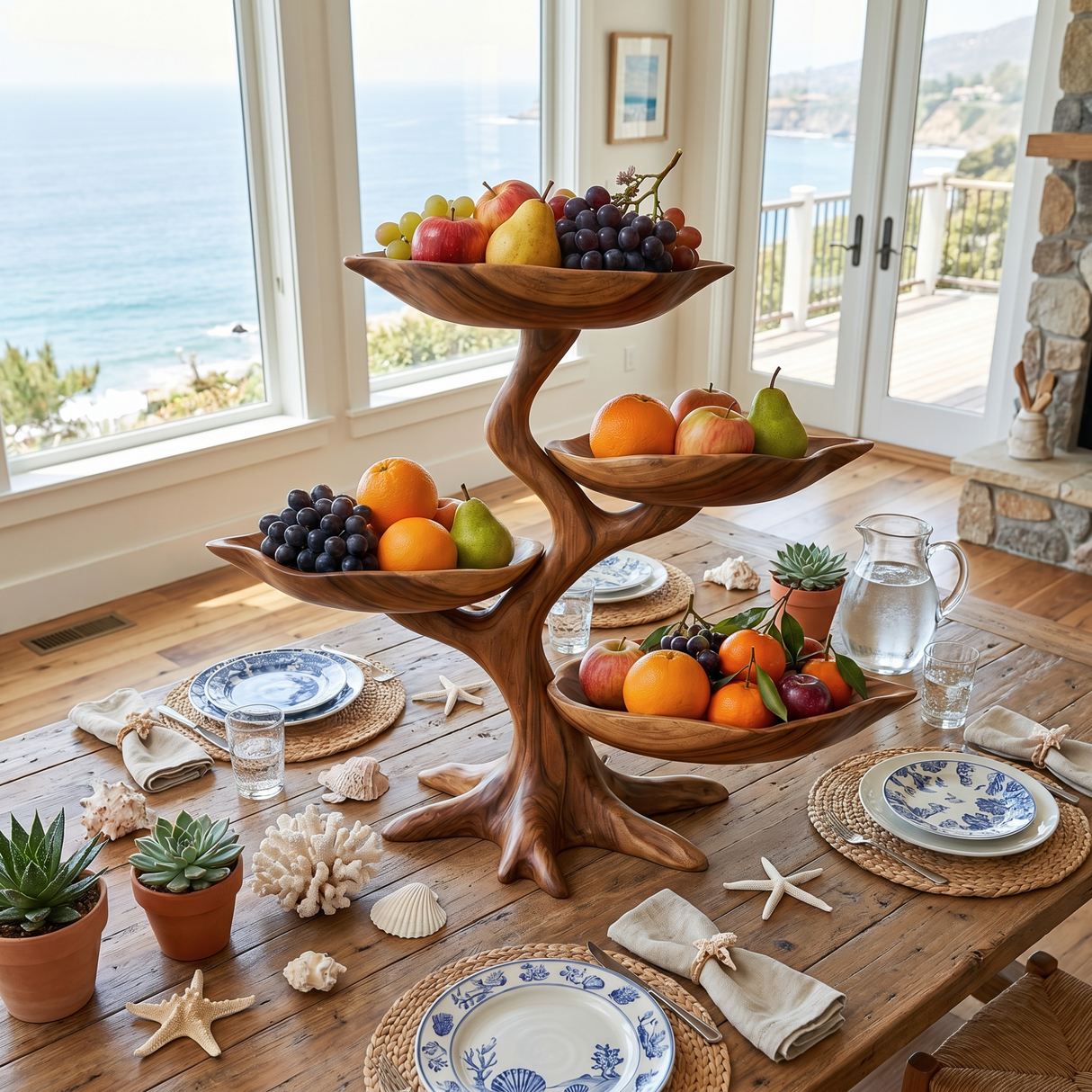 Solid Wood Four-Tier Fruit Display Stand with Sculptural Branch Base and Curved Bowl Trays