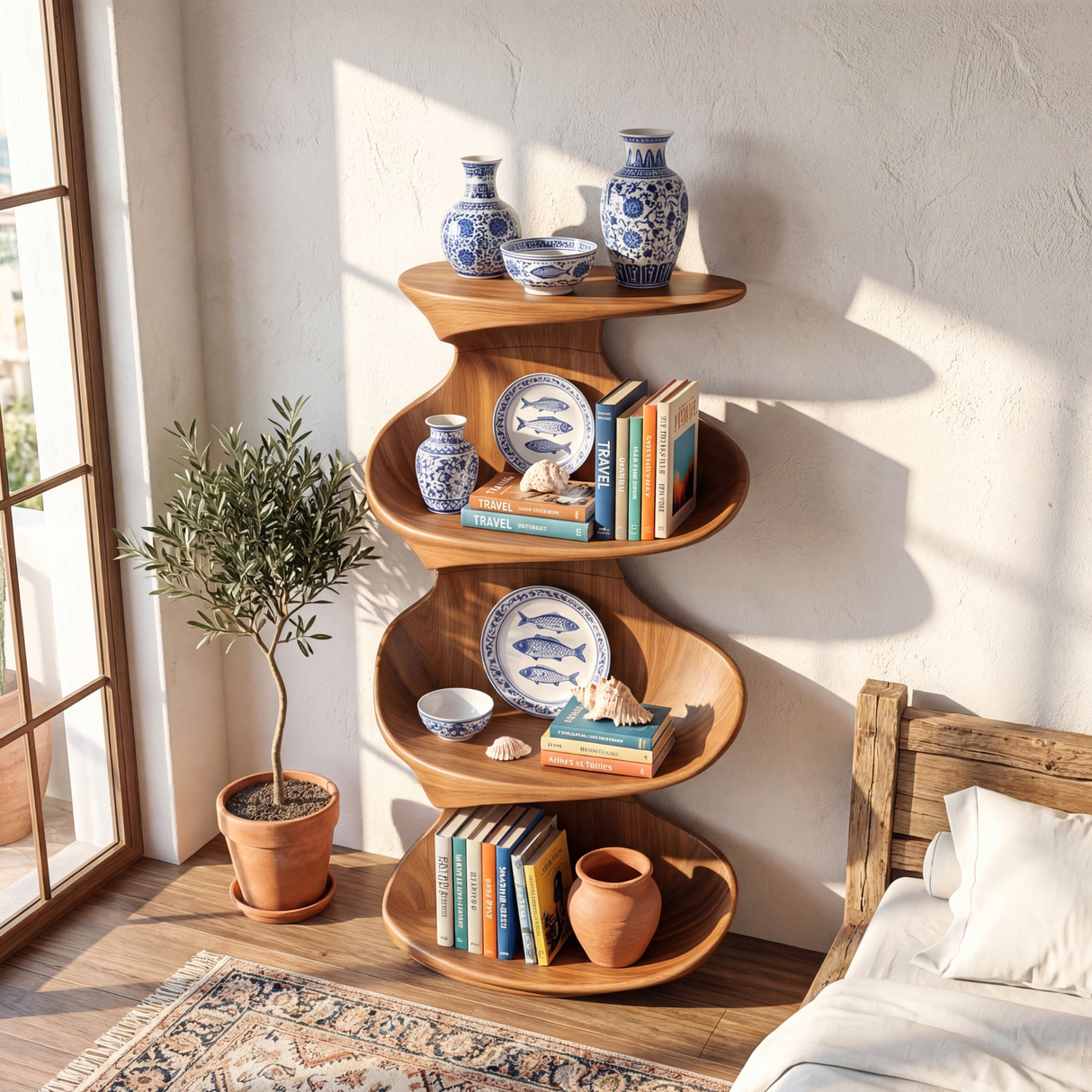 Twisted Wood Display Shelf with Tiered Open Shelves