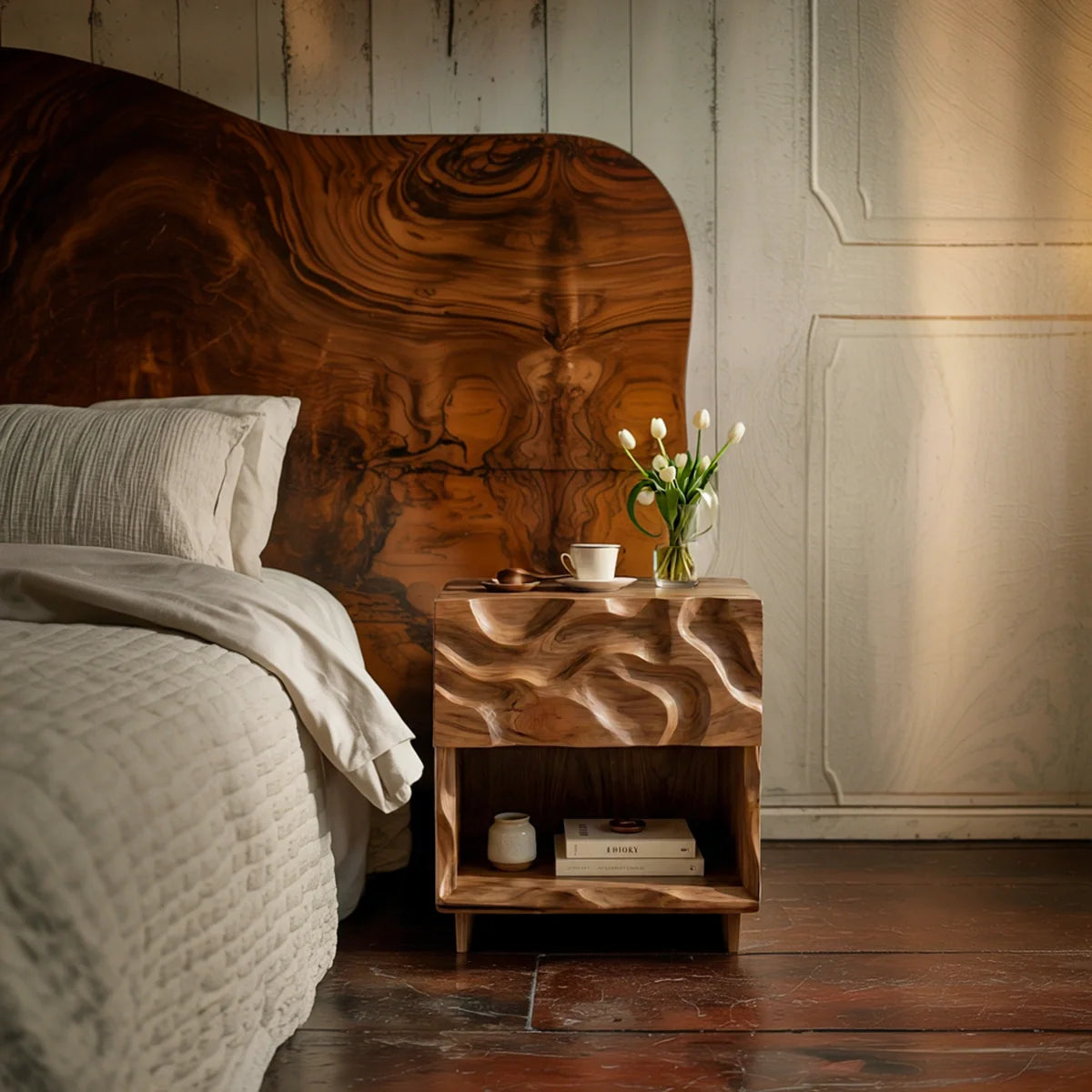 Modern Solid Wood Nightstand with Sculpted Wave Front