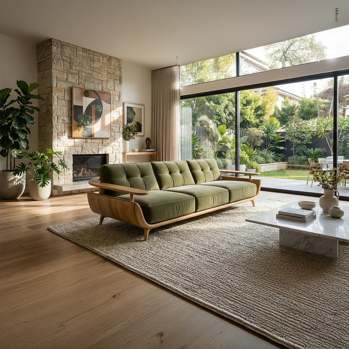 Walnut Frame Sofa with Green Cushions for Mid-Century Modern Living