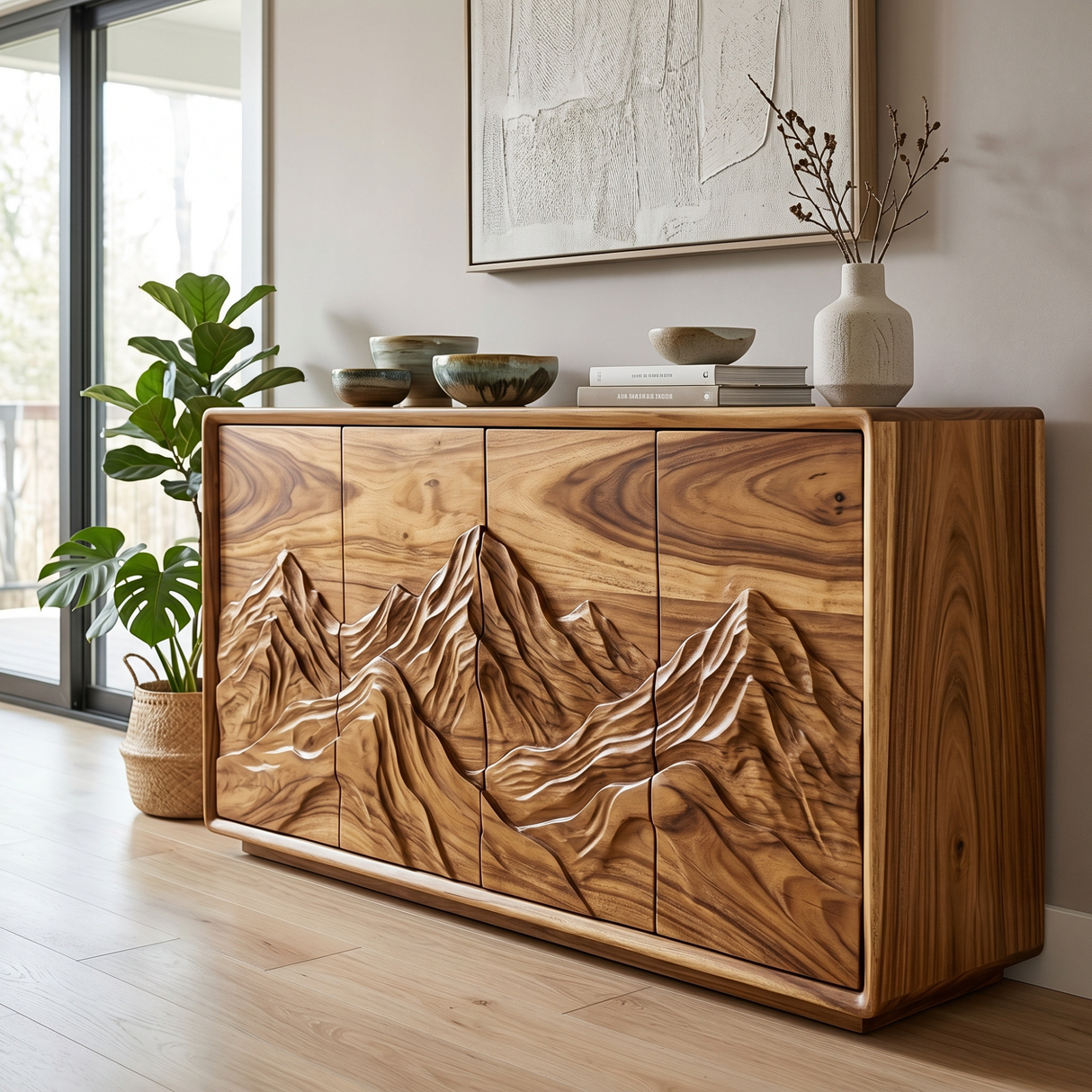 Natural Solid Wood Sideboard with Carved Mountain Landscape
