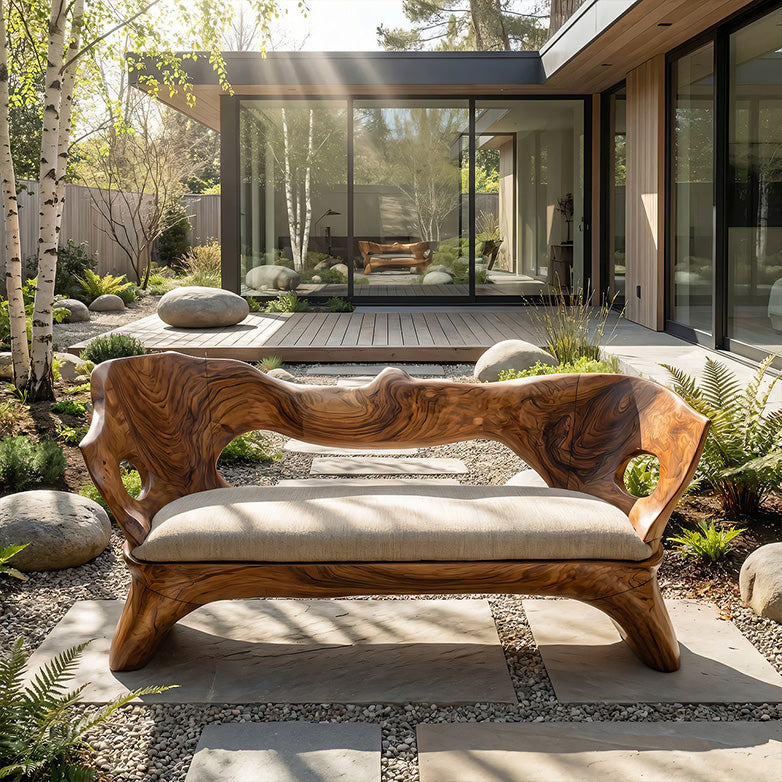 Sculptural Solid Wood Bench with Organic Carved Form