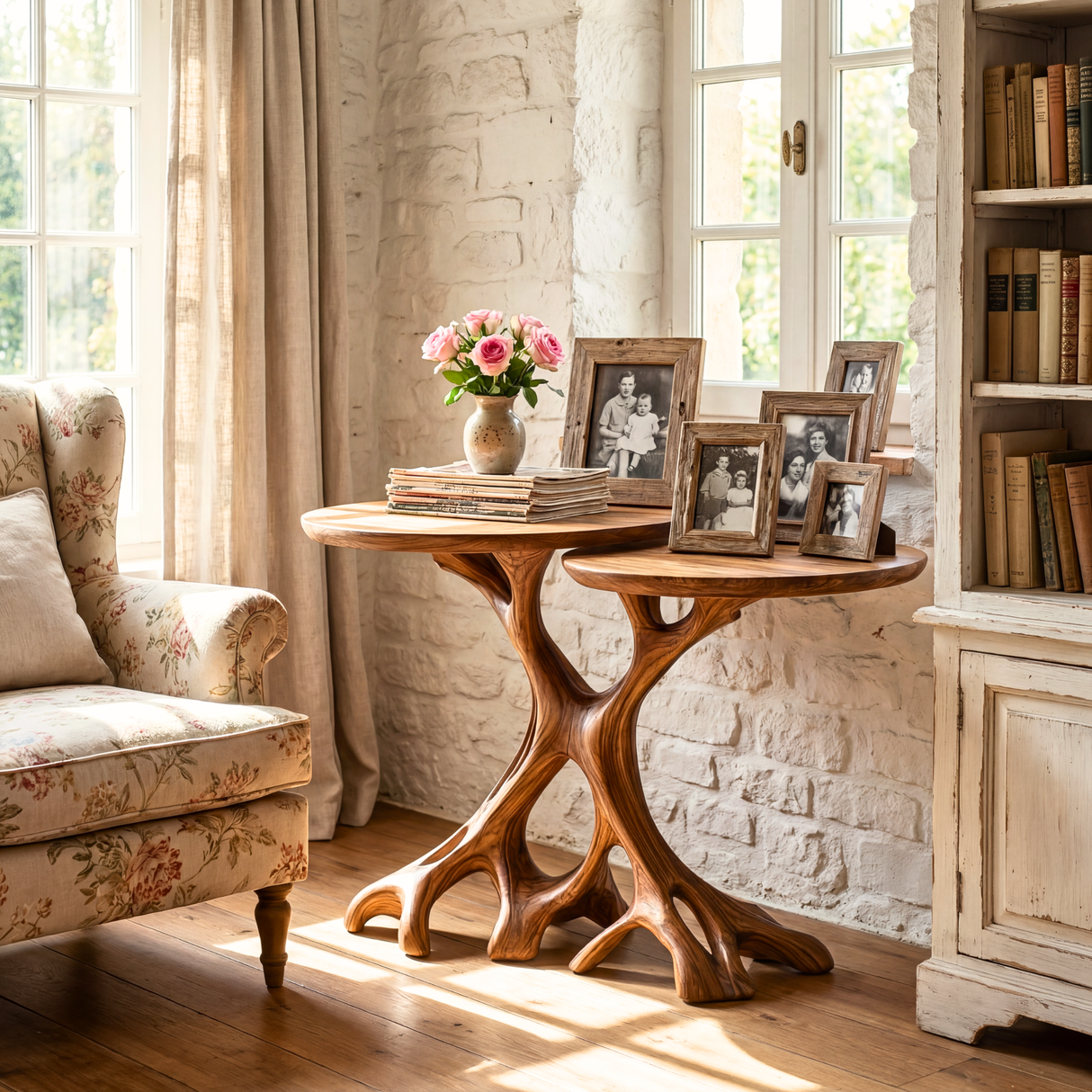 Twin Tree Root Side Tables Handmade Wooden Accent Set