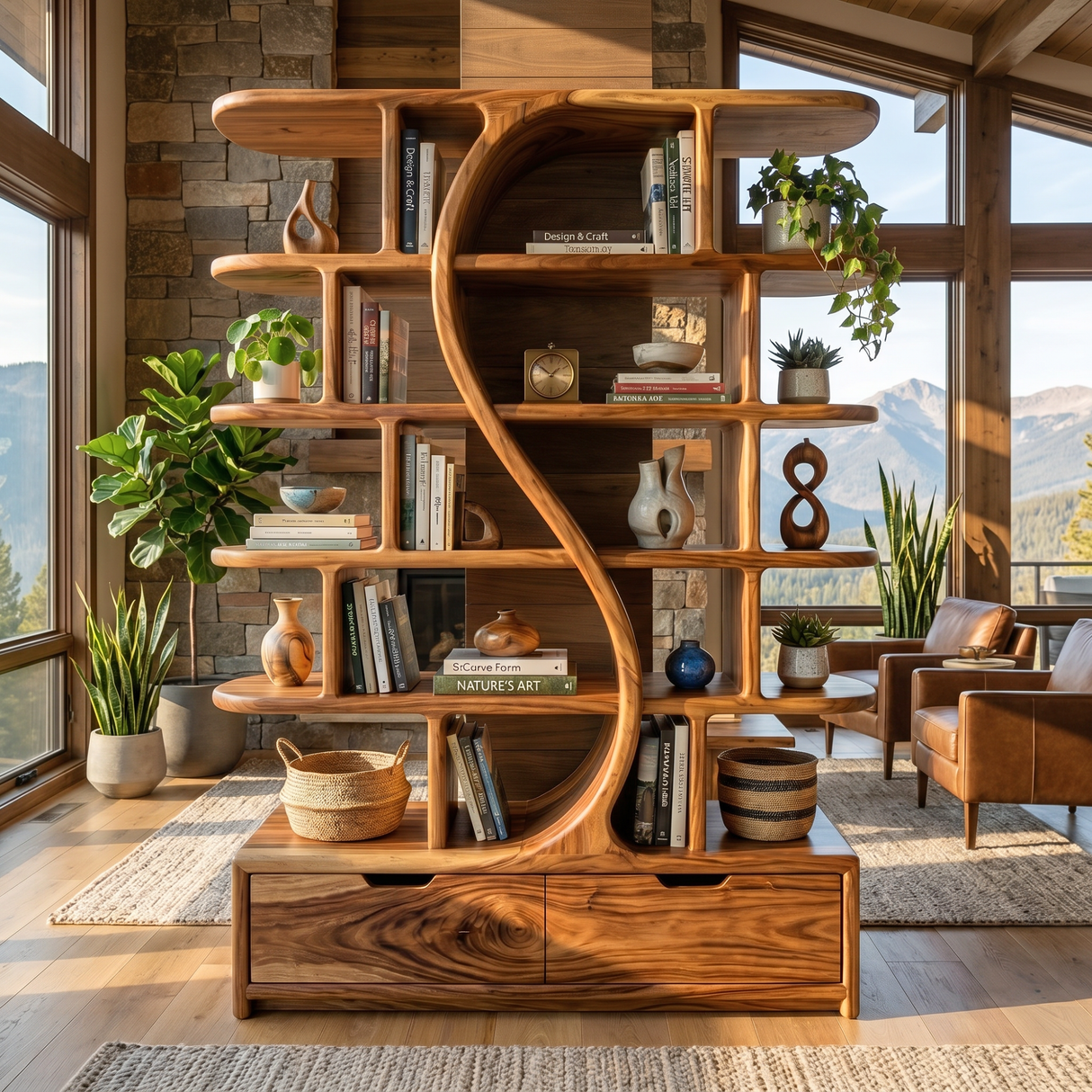 Organic Solid Wood Bookshelf with S Curve Divider and Base Drawers