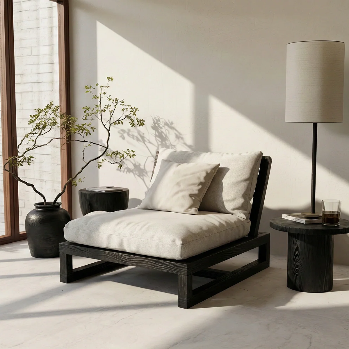 Low Solid Wood Lounge Chair with Cushion Japandi Floor Chair