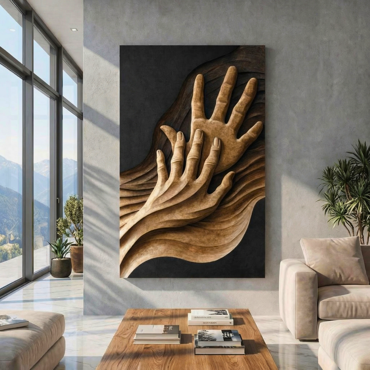 Handcrafted Solid Wood Wall Sculpture with Intertwined Hands and Flowing Grain Waves