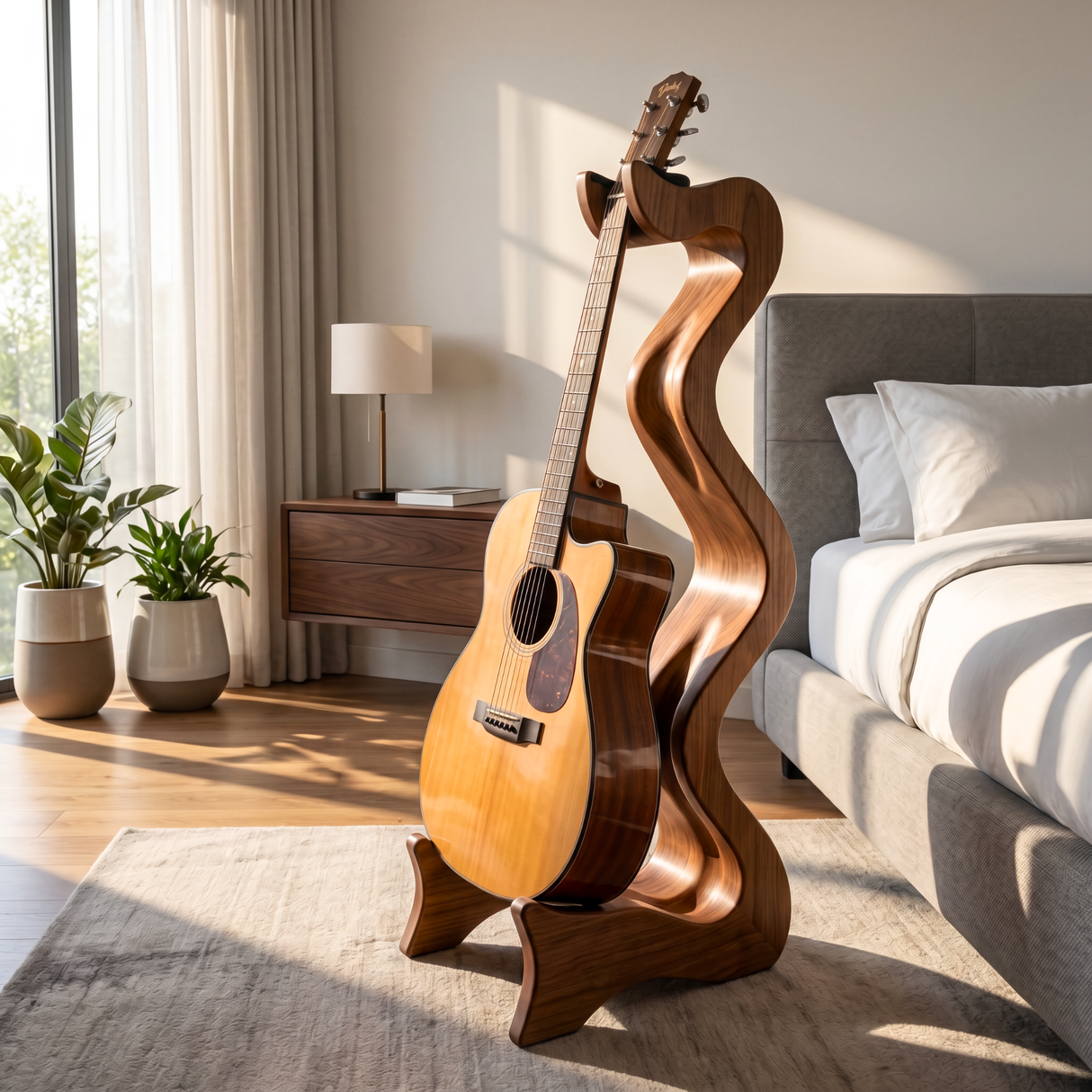 Sculptural Guitar Stand Handmade Wooden Guitar Holder Modern Artistic Floor Stand