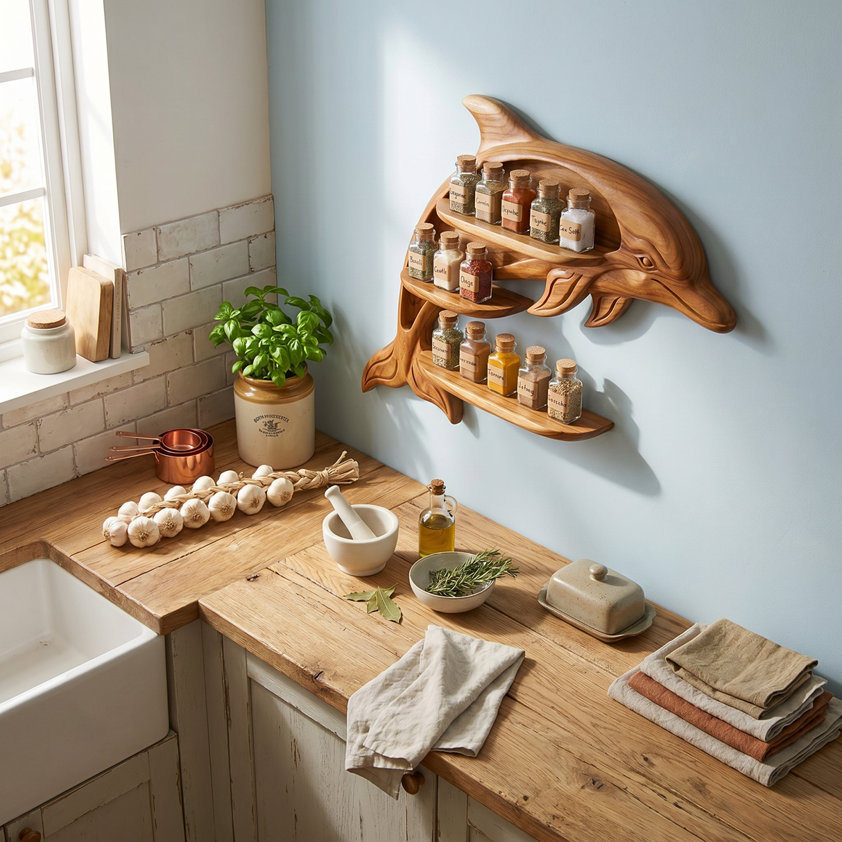 Sculptural Solid Wood Dolphin Spice Shelf with Staggered Wall Storage