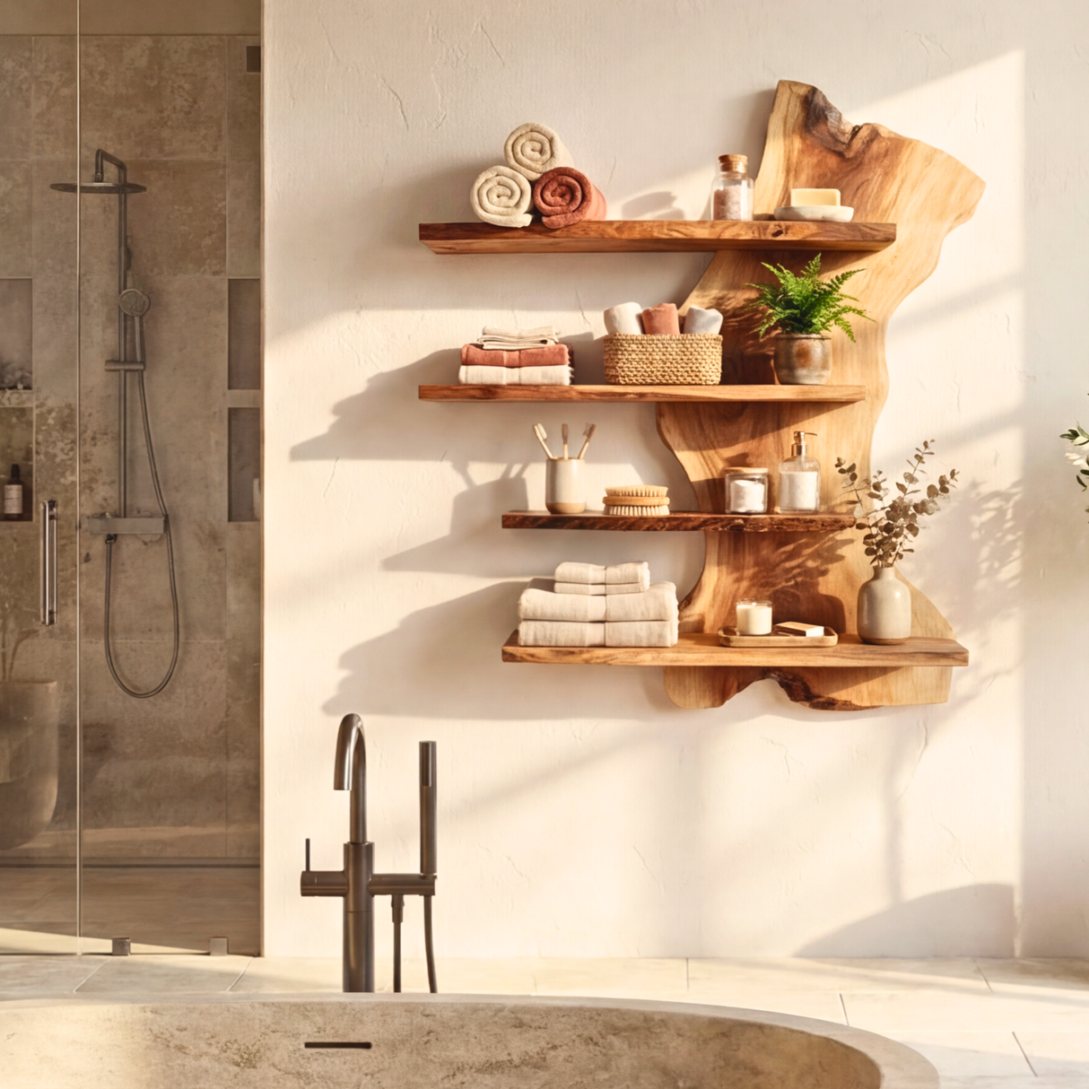 Organic Live Edge Solid Wood Wall Shelf Floating Multi Tier Display for Modern Interior