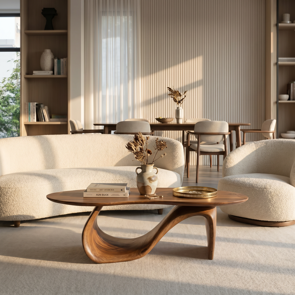 Solid Wood Coffee Table with Asymmetric Loop Base for Living Room