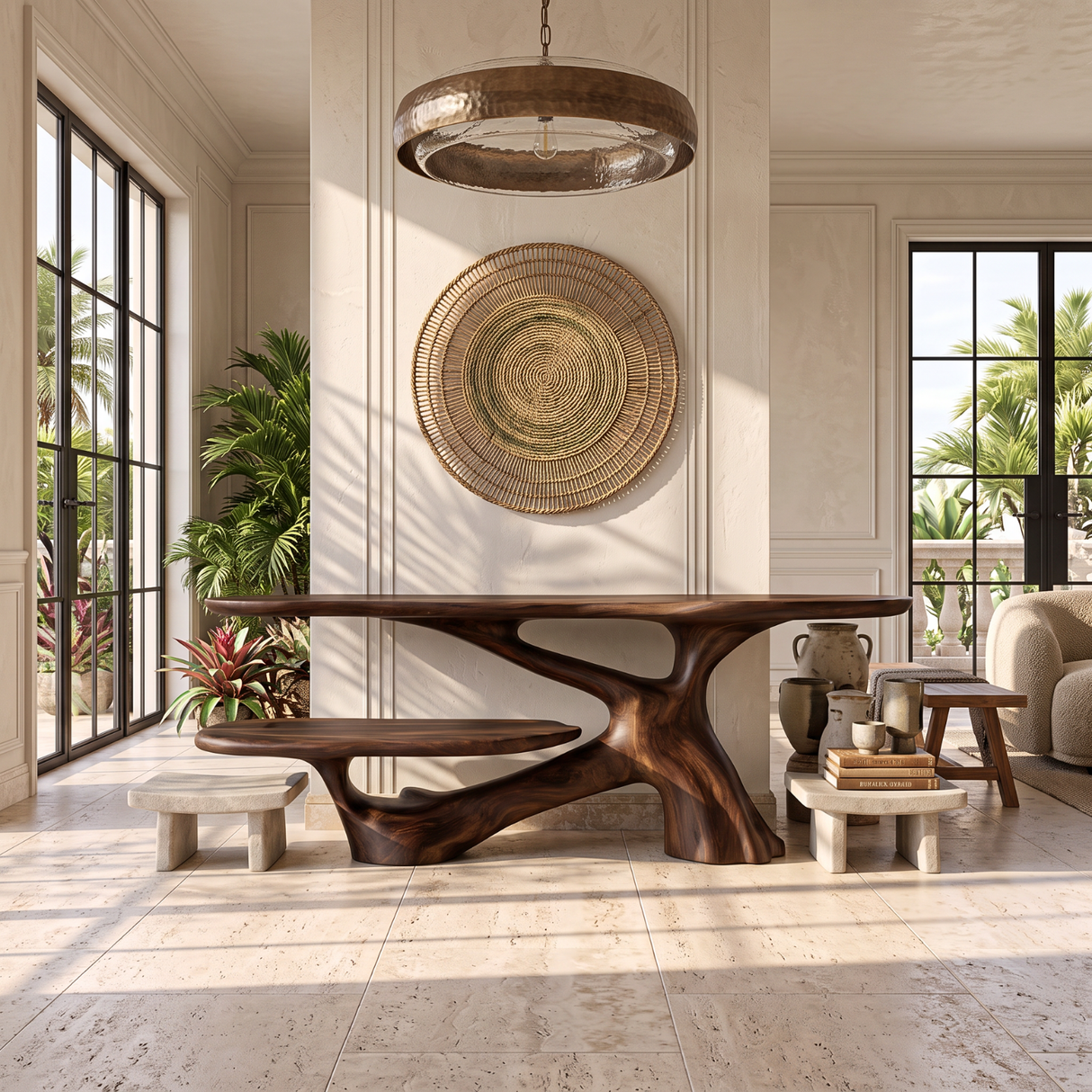 Console Table Solid Wood with Two Tier Shelf and Sculptural Branch Base