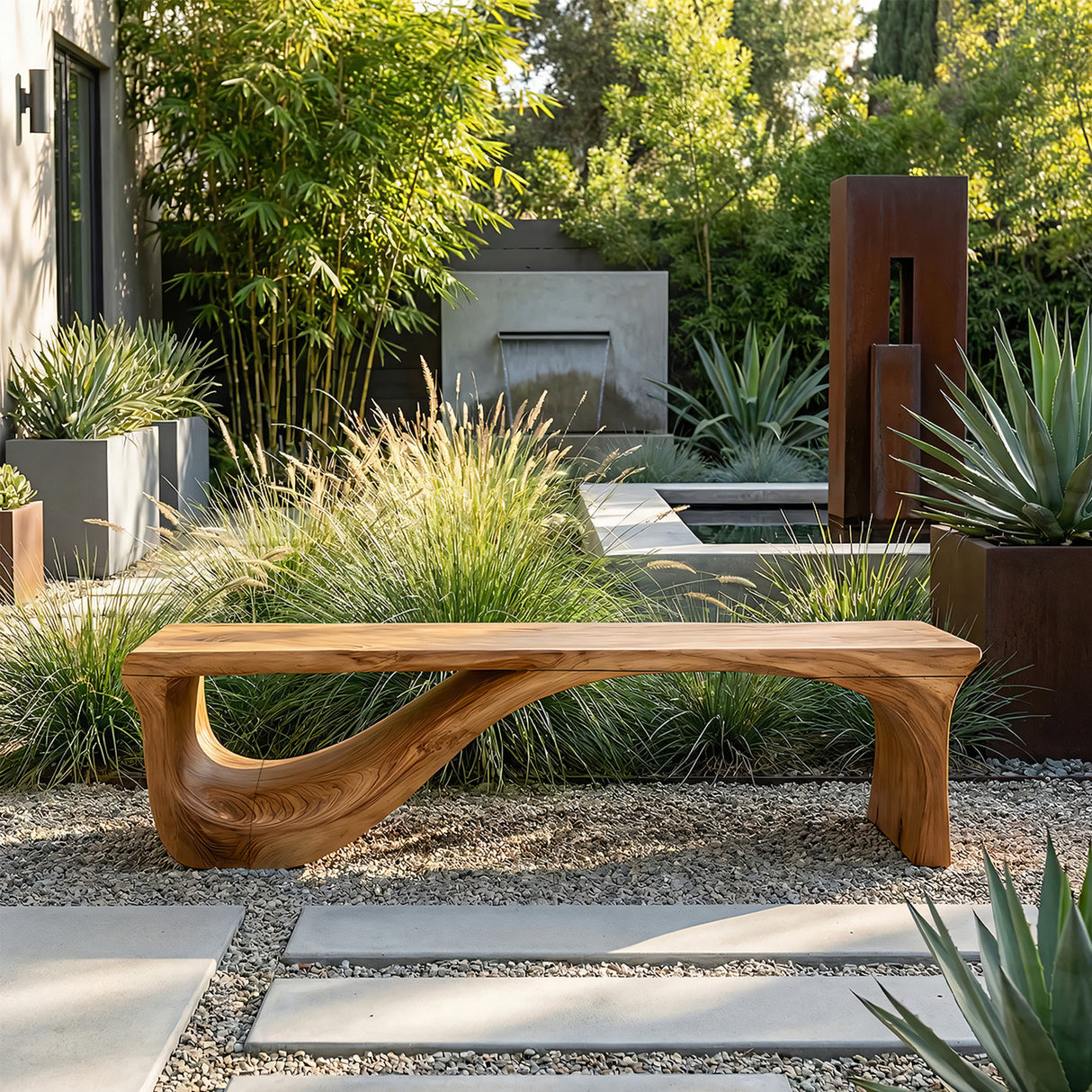 Handcrafted Organic Solid Wood Bench Sculptural Modern Minimalist Design