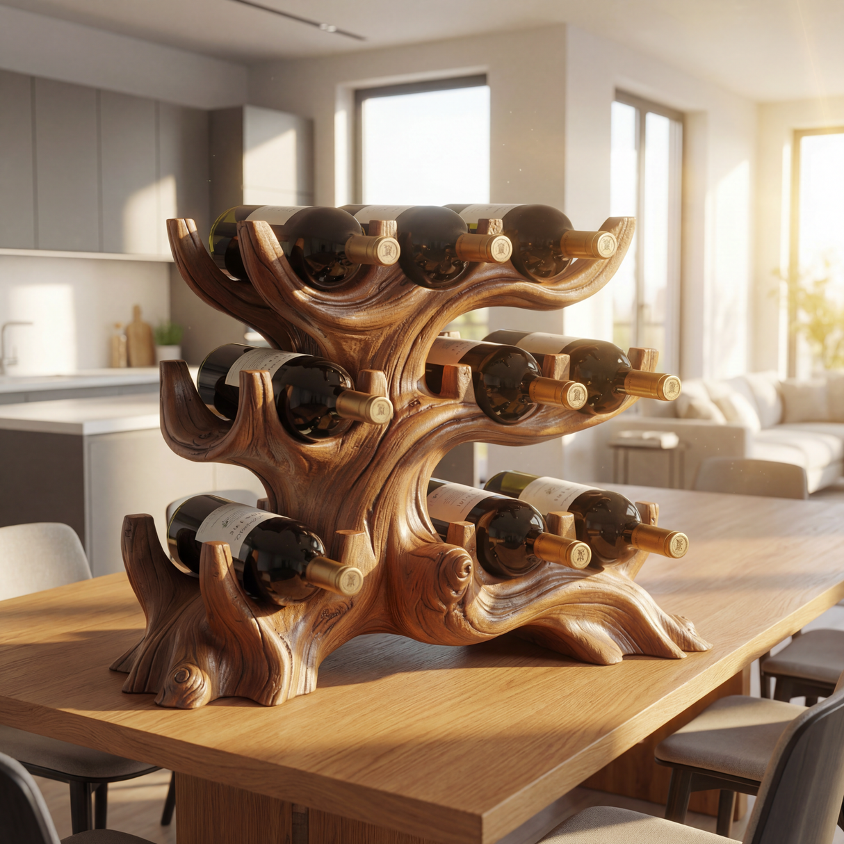 Organic Sculptural Solid Wood Wine Rack Tree Form Multi Tier Bottle Holder