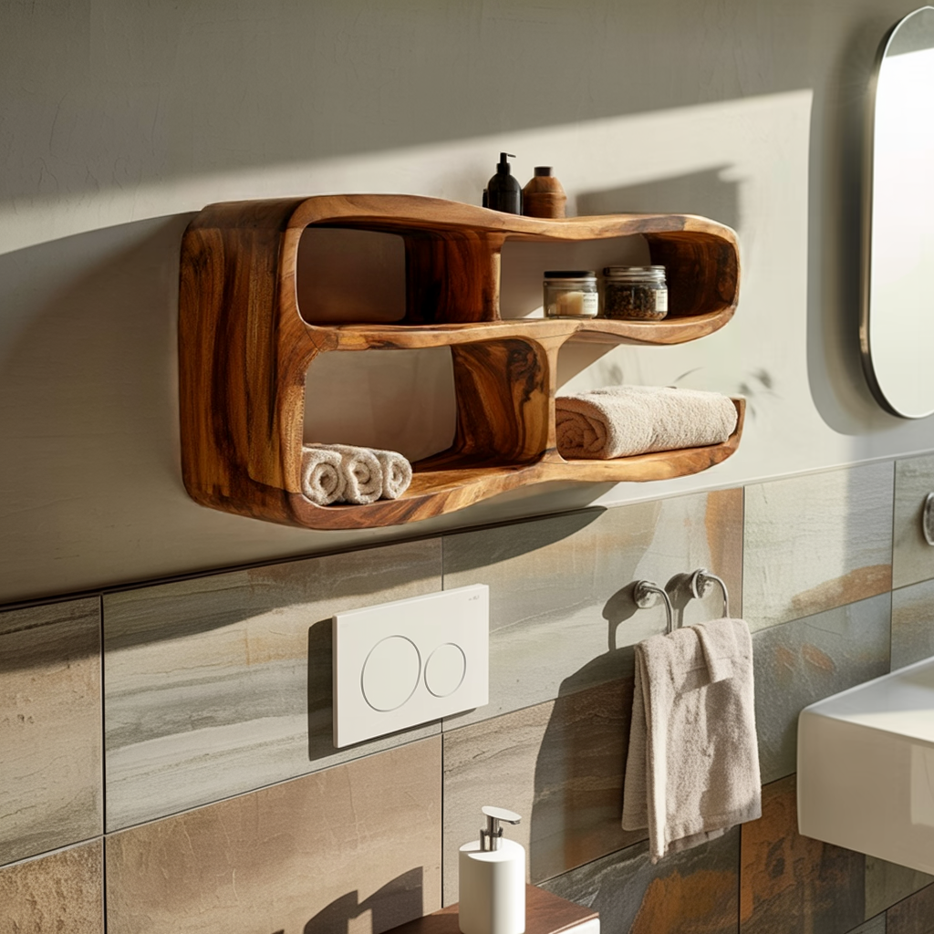 Sculptural Solid Wood Bathroom Wall Shelf Organizer