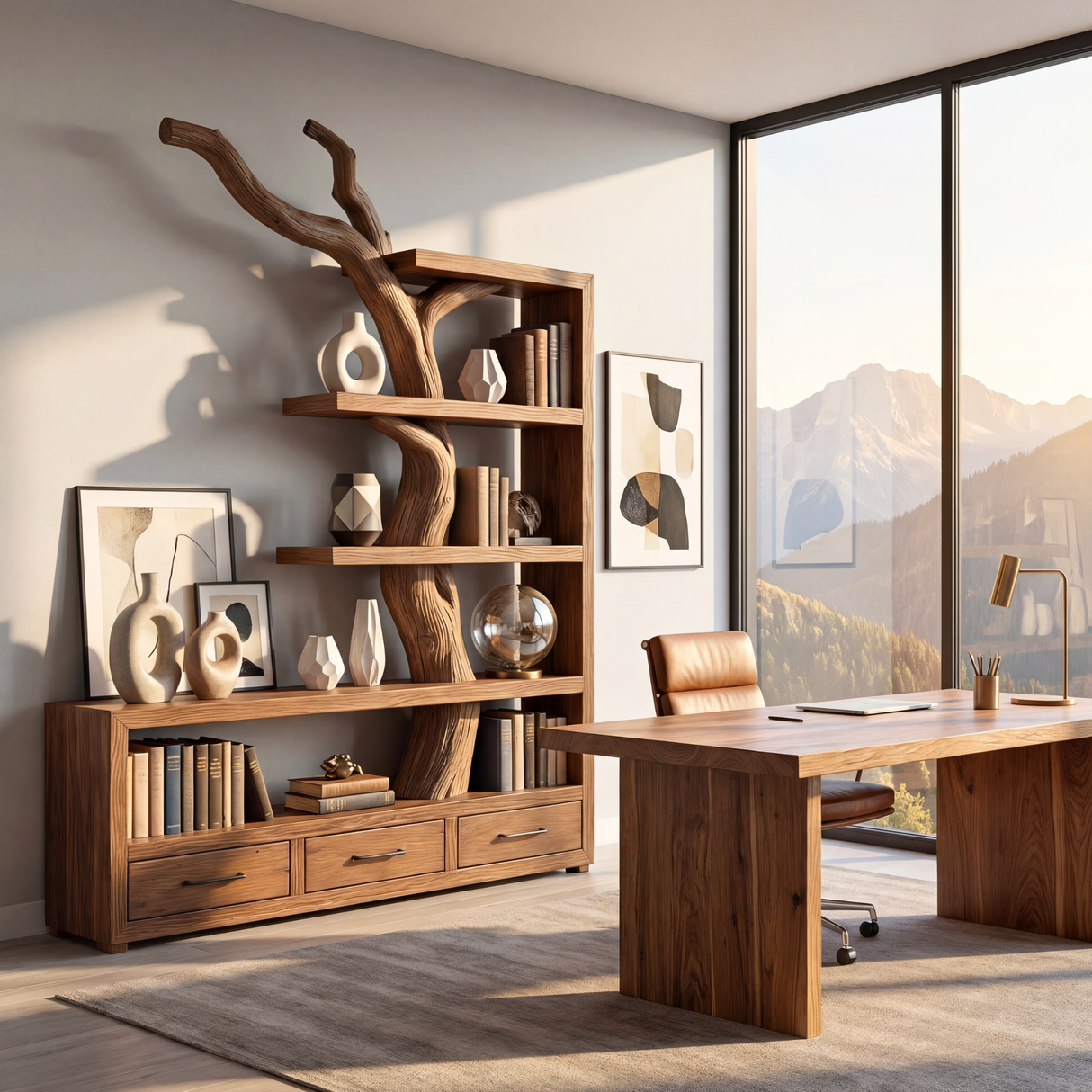 Solid Wood Bookshelf with Tree Trunk Form and Storage Drawers Organic Modern Display Shelf Unit