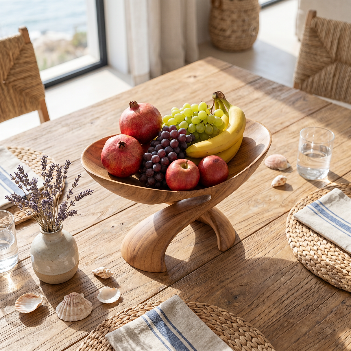 Solid Wood Cradle Fruit Bowl with Crossed Sculptural Pedestal Base
