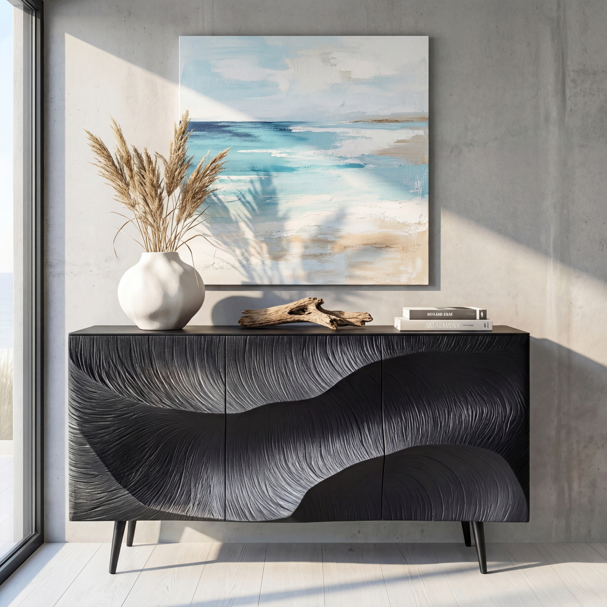 Sculpted Black Feather Front Wood Sideboard Cabinet for Modern Living and Dining Rooms
