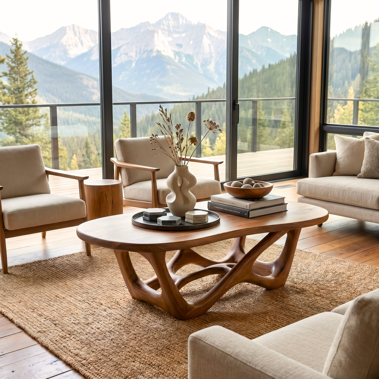 Cottage Solid Wood Coffee Table with Sculpted Open Base and Rounded Rectangular Top