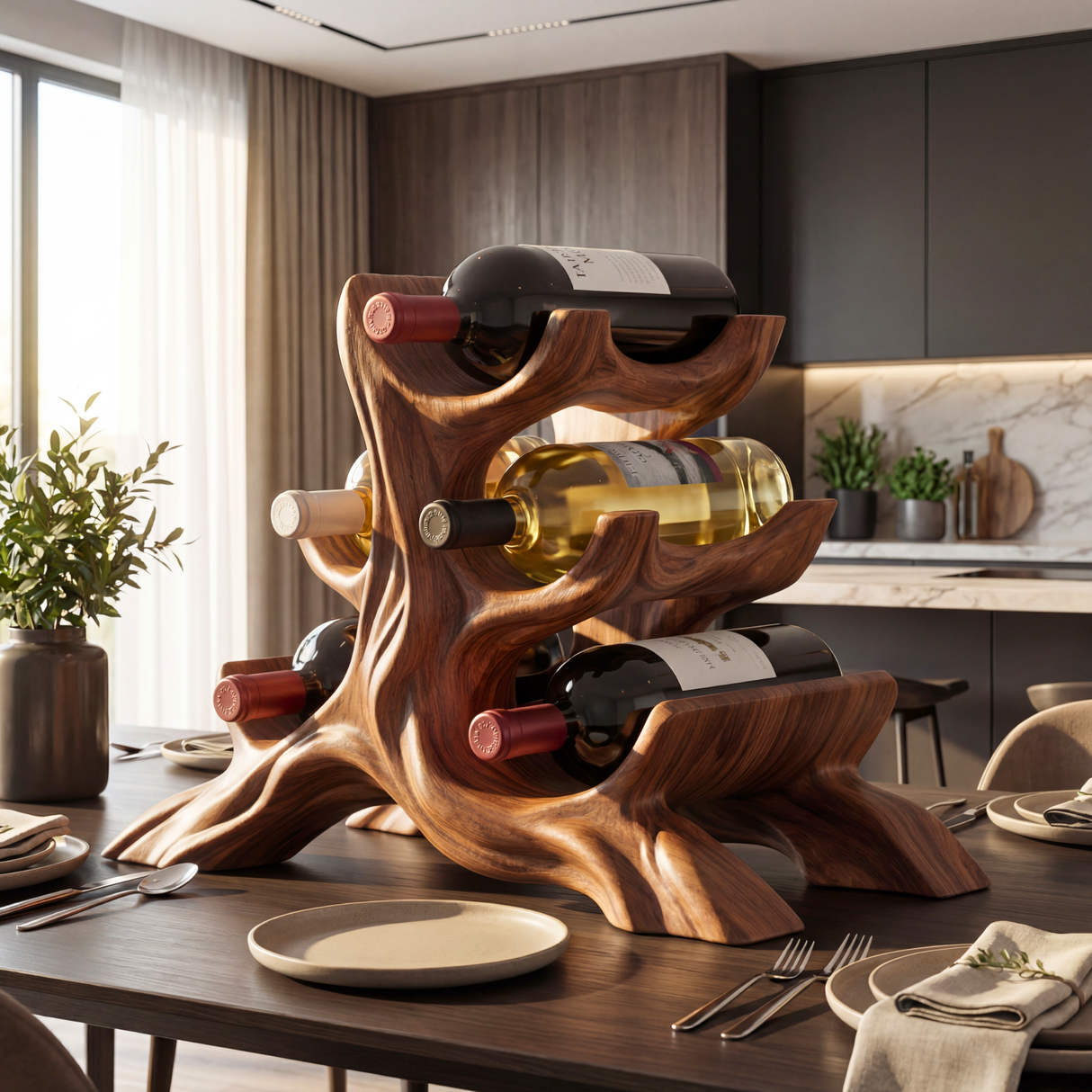 Sculptural Solid Wood Wine Rack Organic Branch Form Compact Tabletop Bottle Holder Display