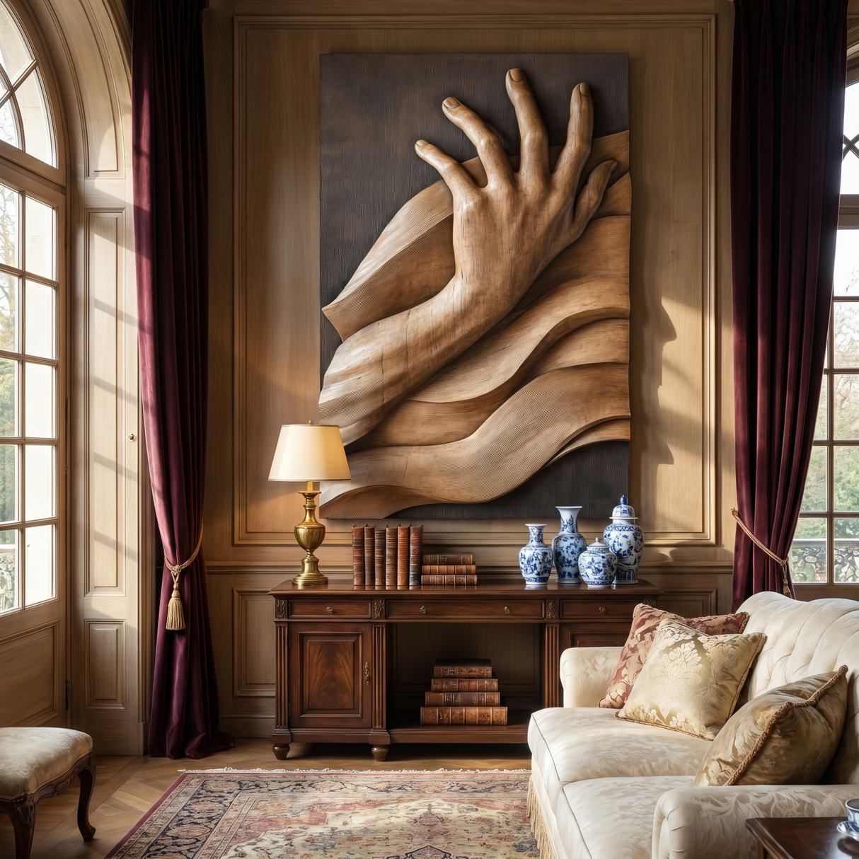 Hand-Carved Solid Wood Wall Sculpture with Reaching Hand Relief and Flowing Wave Form