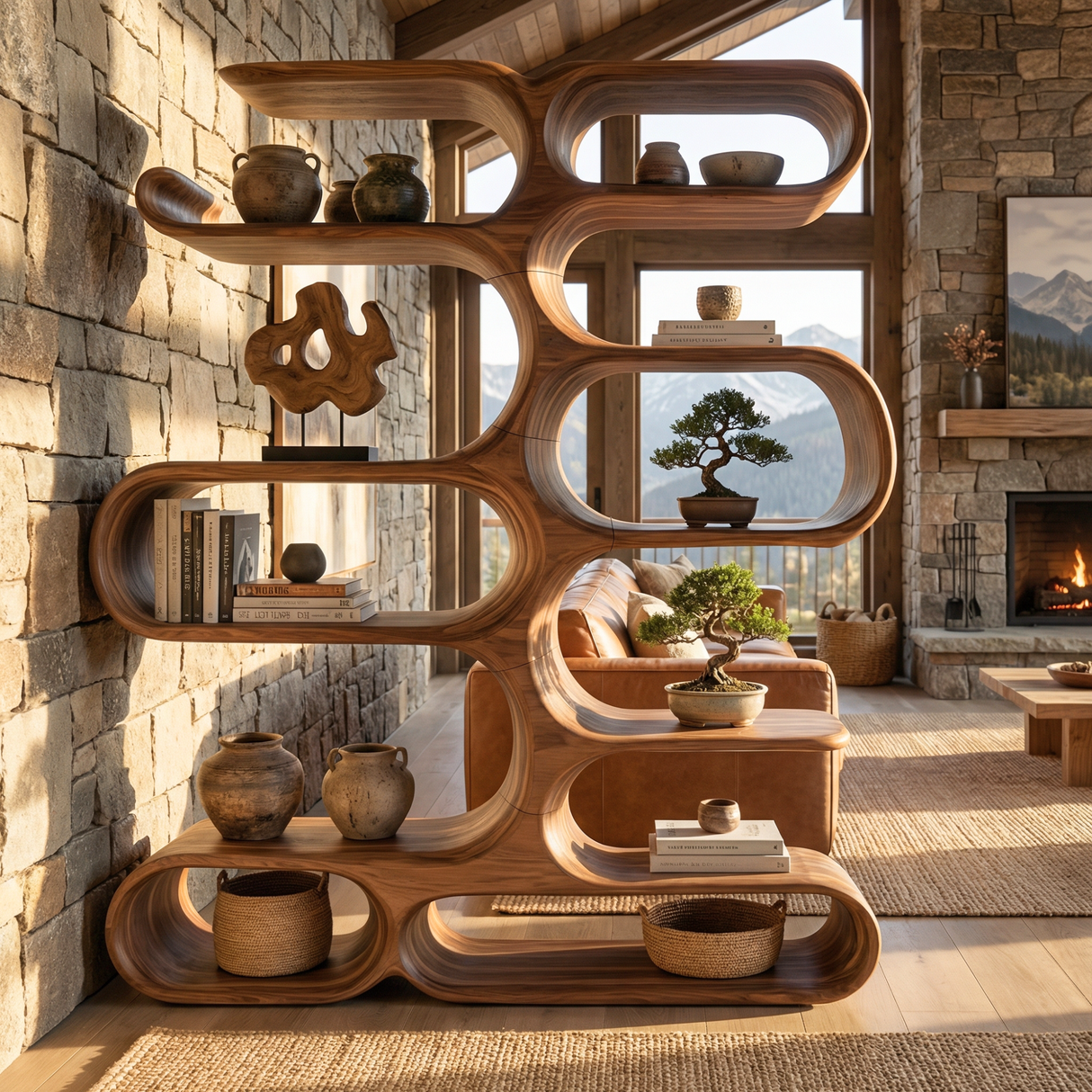 Handcrafted Solid Wood Organic Wall Bookcase with Curved Open Shelves