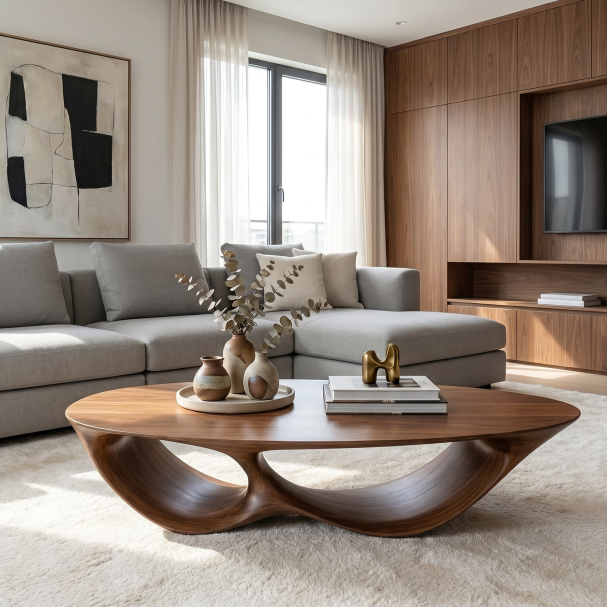 Solid Wood Coffee Table with Double Curved Hollow Base for Living Room