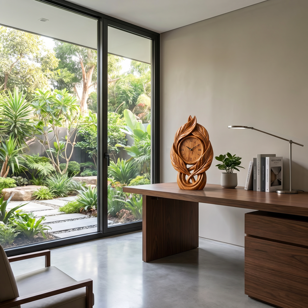 Solid Wood Table Clock with Leaf-Inspired Sculptural Frame