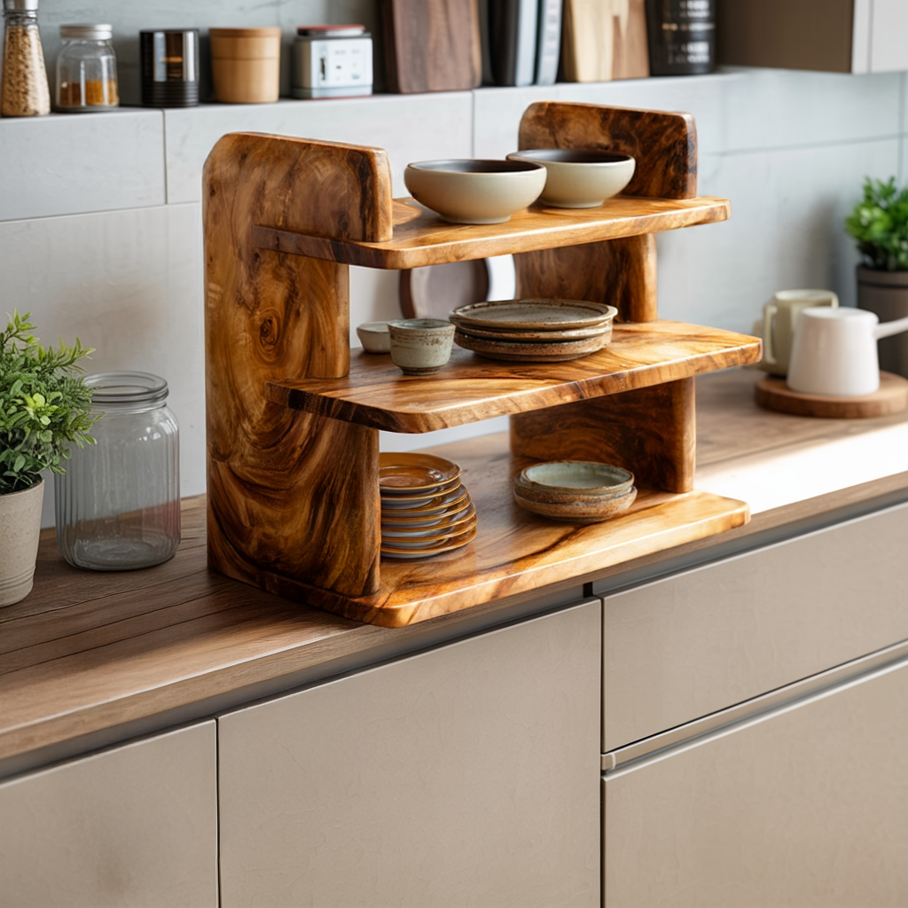 Handcrafted Solid Wood Kitchen Counter Organizer Shelf