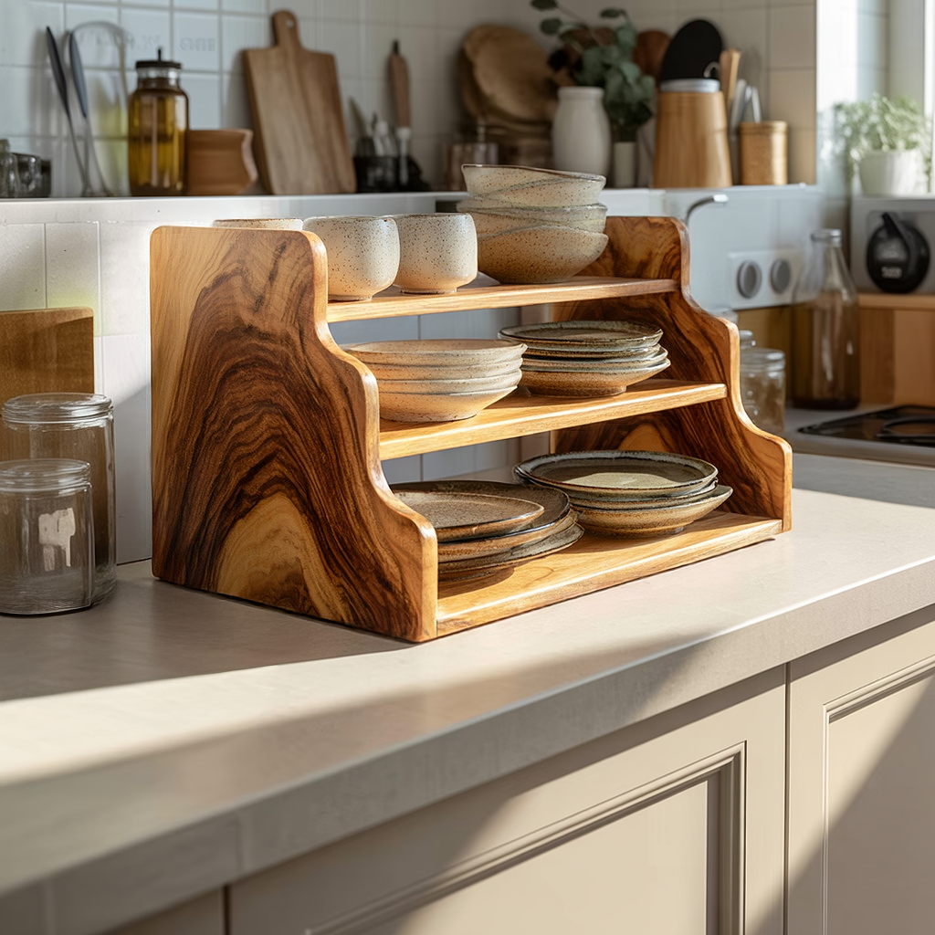 Solid Wood Countertop Display Shelf for Kitchen Storage
