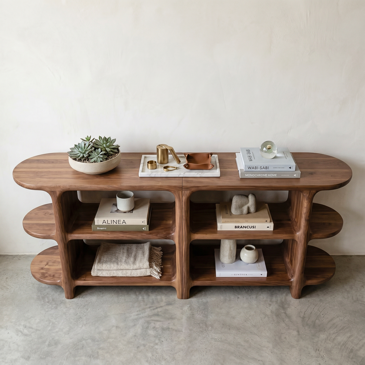 Handcrafted Solid Wood Organic Open Shelf Sideboard Console with Sculptural Curved Frame