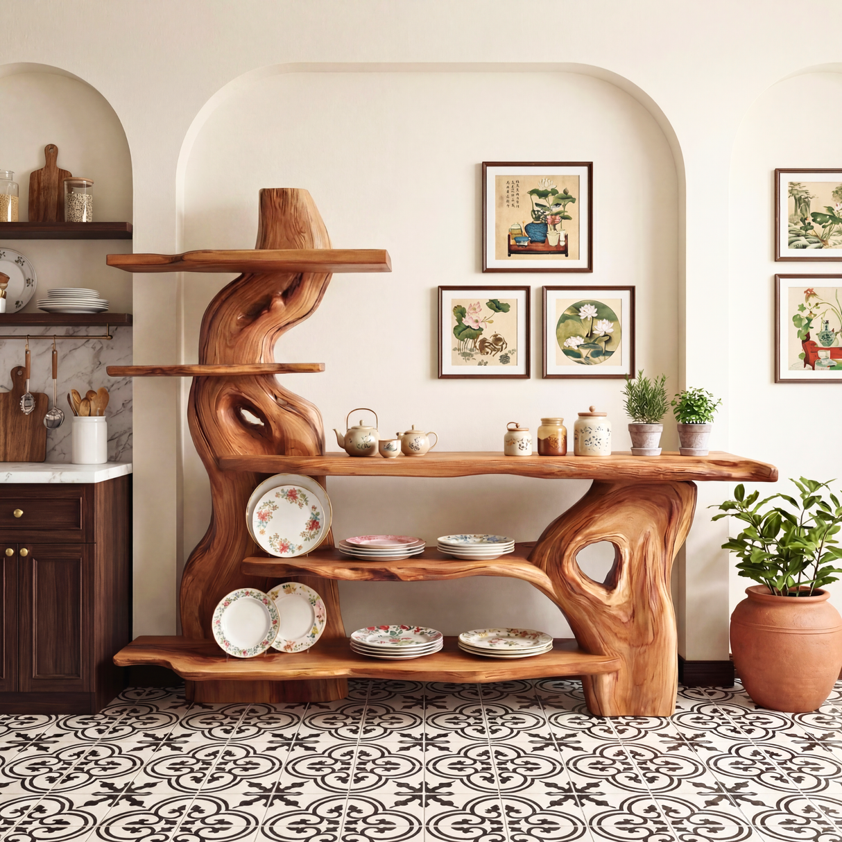 Sculptural Solid Wood Console Table with Organic Form and Tiered Display Shelves Artistic Freeform Console Table