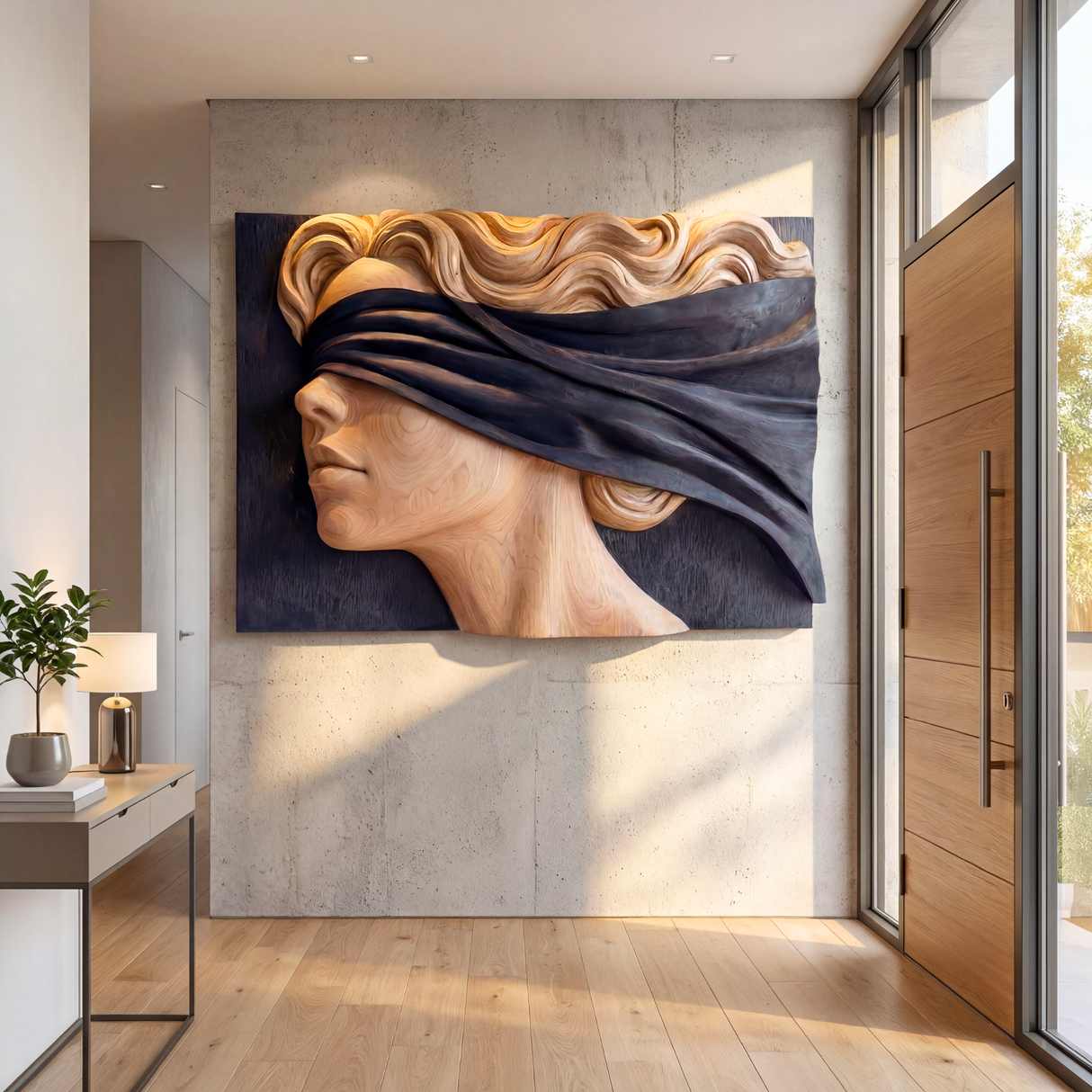 Wind Veil Profile Wooden Relief Portrait Sculpture Wall Art