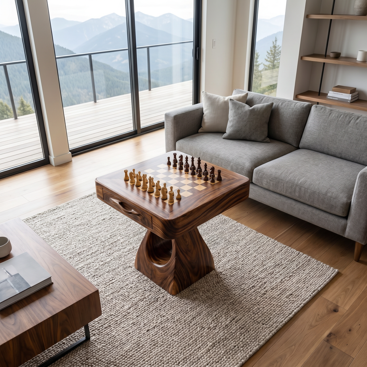Handcrafted Solid Wood Chess Table with Storage Drawer and Sculptural Pedestal Base