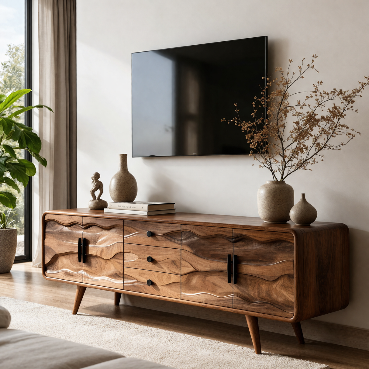 Organic Solid Wood TV Cabinet with Wave Carved Doors