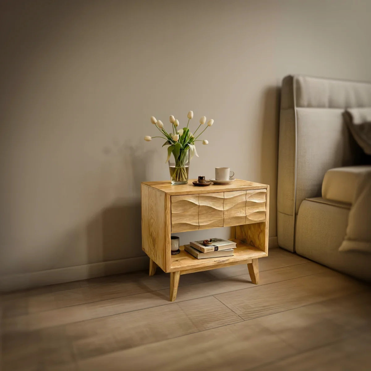 Handcrafted Solid Wood Nightstand with Wave Drawer & Shelf