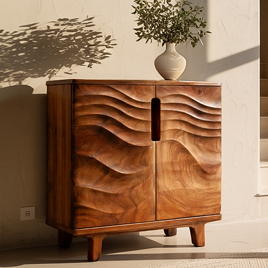Hand-Carved Solid Wood Cabinet with Wave Front Design